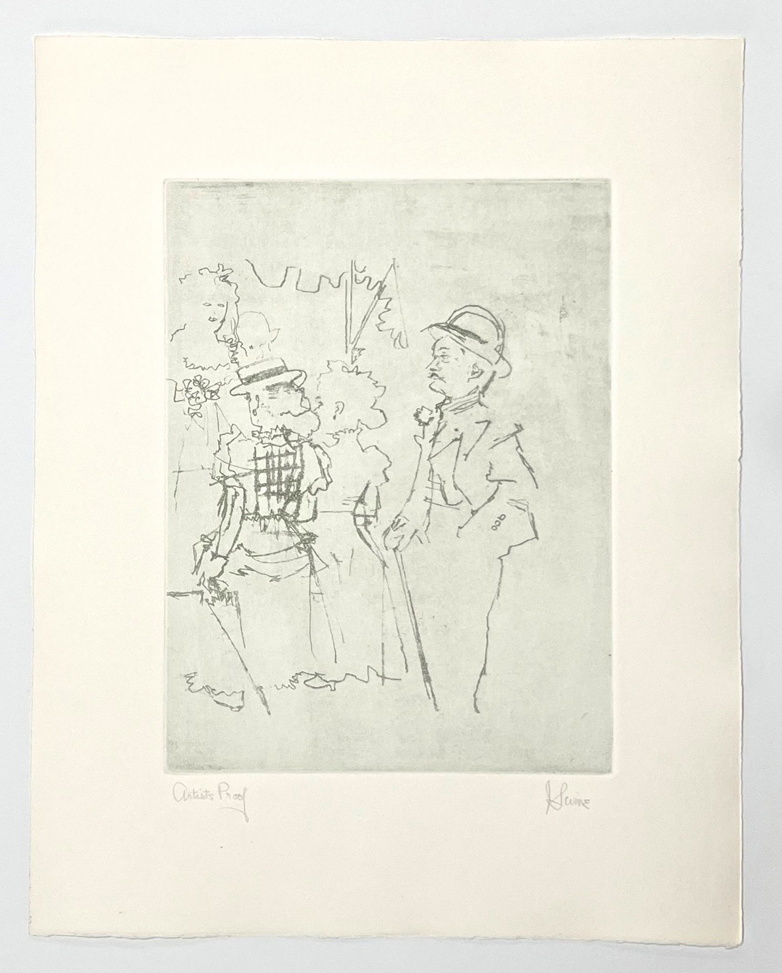 Jack Levine signed original etching "Mack sees Polly Peachum": Medium: original soft ground etching, signed in pencil and annotated "Artist's Proof". This etching was executed in 1967 for the "Dreigroschen Film" series, for the limited edition portfolio published
