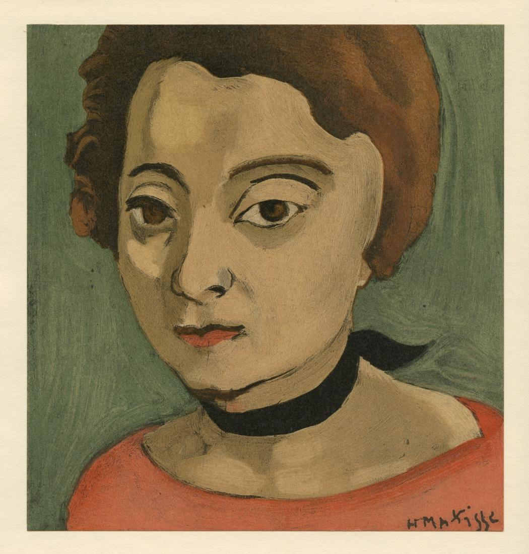 Henri Matisse lithograph "Marguerite Matisse - Head with Black Velvet Ribbon": Medium: lithograph (after the painting). Printed in Paris on smooth wove paper at the atelier Mourlot and published in 1954. Size: 7 x 6 1/2 inches (177 x 167 mm). Signed in the plate (not by hand). C