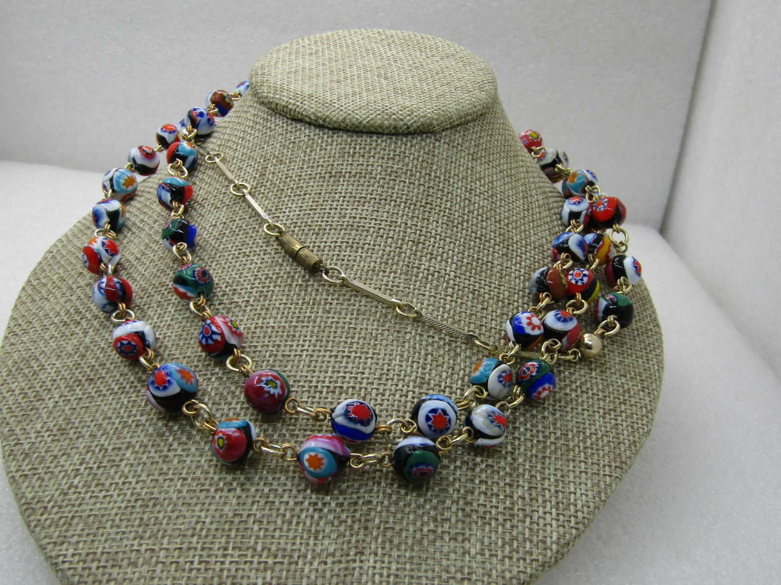 Vintage Millefiori Murano Glass Beaded Necklace, 56", Gold Chain, (1 of 9)
