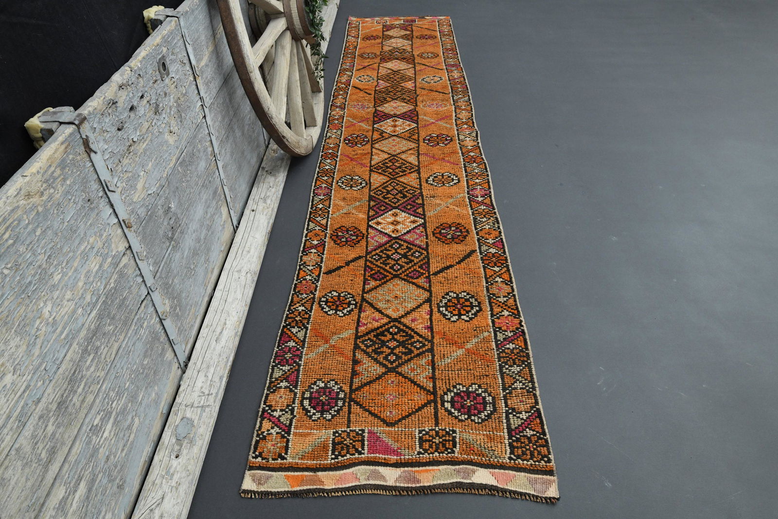 2.6x12.1 Turkish Orange Pink Beige Motif Rug (1 of 9)