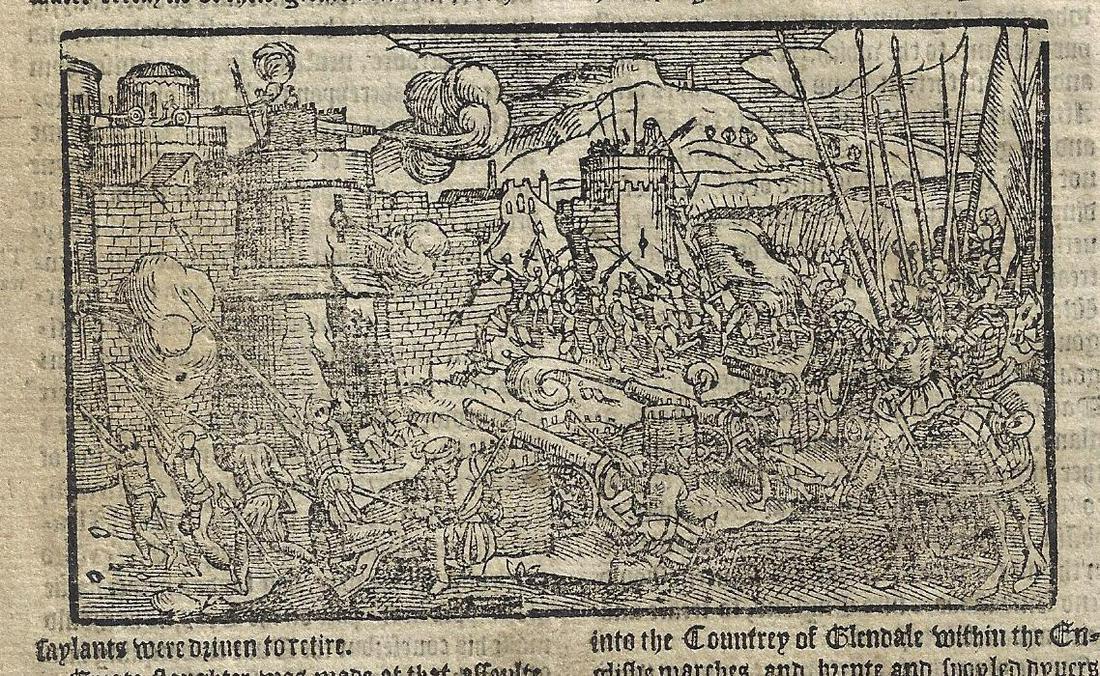 1577 Woodcut Leaf Scotland Fortress Battle: A leaf from Holinshed's Chronicles Historie of Scotlande, printed at Londoin in 1577. The leaf with large woodcut of an attack on the fortress of Warke, Very Good, cropping to right margin, light wear