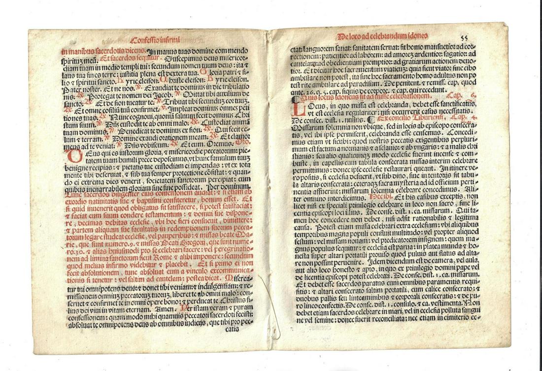 1567 Bifolium Catholic Ritual Red and Black: Two leaves adjoined of Catholic ritual printed at Venice in 1567 from “Sacerdotal ad Consuetudinem Sacro Sancte..”. In red and black. Fine. Measures 6.25 x 13”. Accompanied by color 