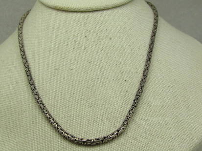 Vintage Sterling Byzantine Chain Necklace, 3mm", 18" Long, Signed BA: Vintage Sterling Byzantine Chain Necklace, 3mm", 18" Long, Signed BA (which is Suarti). Marked .925 and Indonesia. It is appx. 3mm wide at the chain and 6mm at the end caps. Bali-style endcaps on the