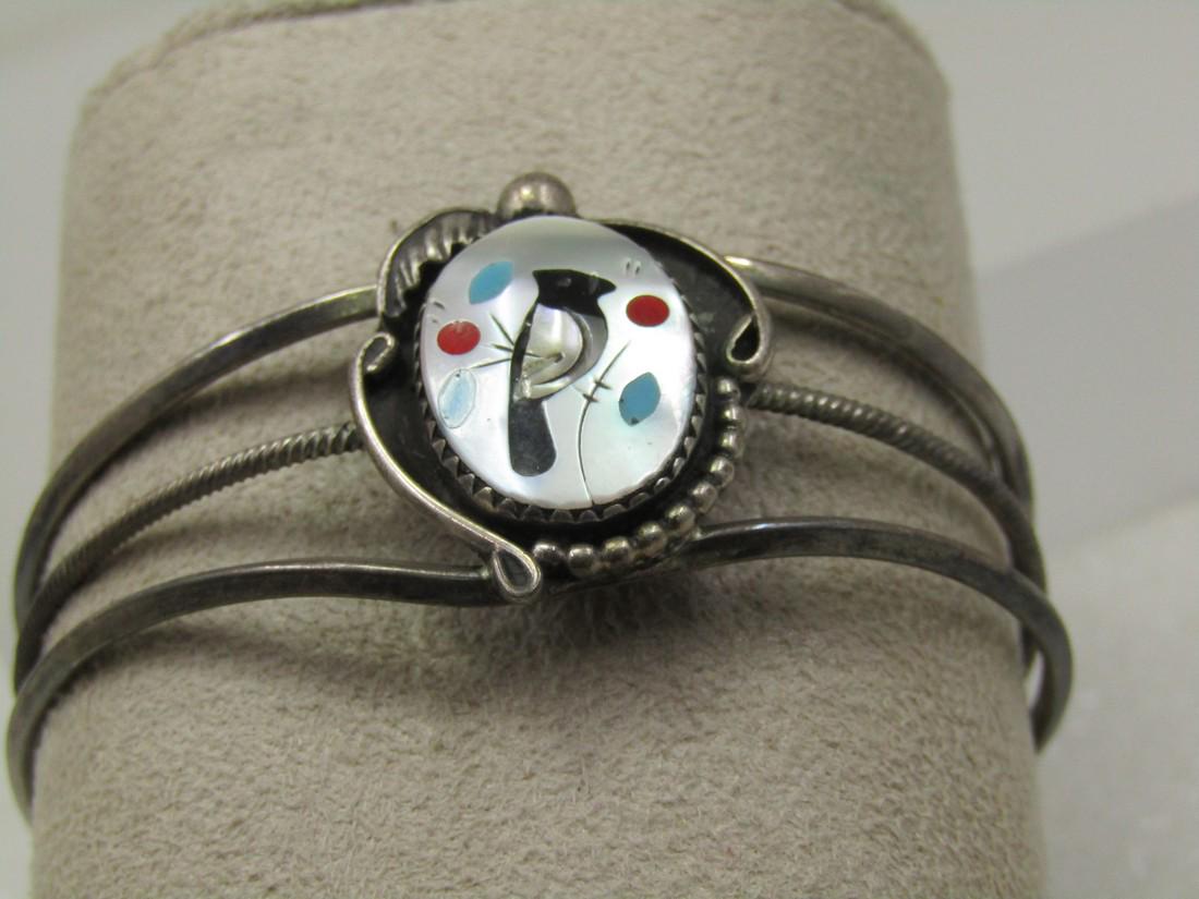 Vintage Sterling Zuni Inlaid Woodpecker Cuff Bracelet, 7.5", 1960's-1970's (1 of 9)