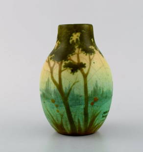 Amalric Walter (1870-1959) for Nancy. Rare vase in glazed ceramics decorated with river landscape.: Title: Amalric Walter (1870-1959) for Nancy. Rare vase in glazed ceramics decorated with river landscape. Beautiful crackled glaze. Museum quality, 1890s. Description: Amalric Walter (1870-1959) for N