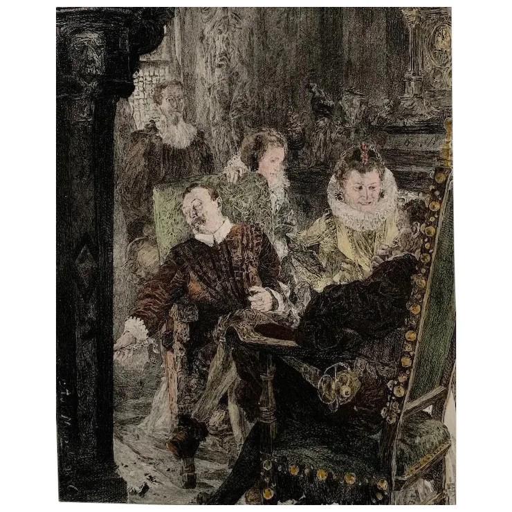 In the Chimney Corner, etching after Adolf Menzel, 1889.: In the Chimney Corner (Elizabethan scene) etching by P. Le Rat after a picture by Adolf Menzel, published in The Magazine of Art, 1889.; Artist: after Adolph Friedrich Erdmann (later: von) Menzel (181