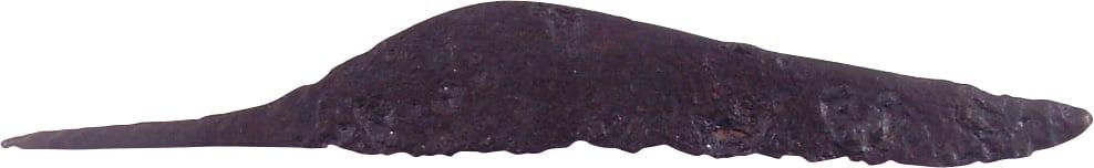 CELTIC BELT KNIFE, C.4TH-3RD CENTURY BC: Over 5 3/4" length with elegant recurved tapering single-edged blade of thin section distinguishing it as a weapon capable of slashing as well as thrusting for mounting to a bone or antler hilt. Iberi