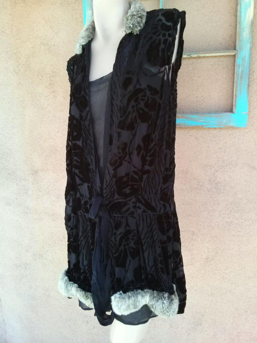 Vintage 1920s Black Silk Dress Cut Velvet Devore Fur Sz S (1 of 6)
