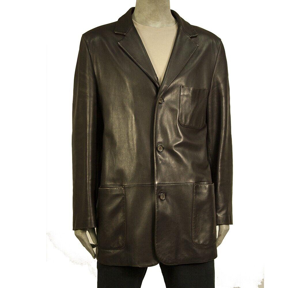 Ermenegildo Zegna Brown Leather Button Front Men s Blazer Jacket Size 56 Xxl