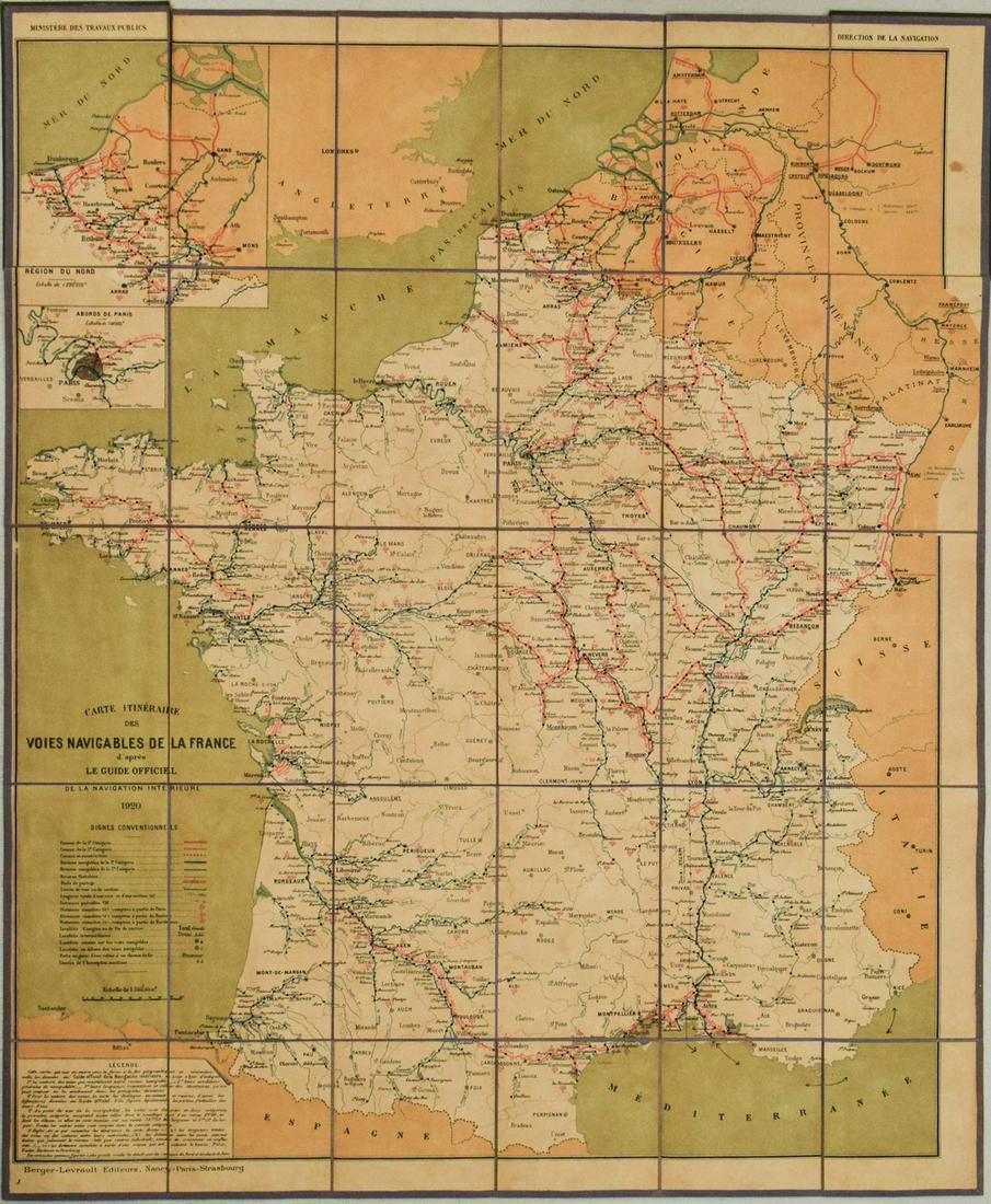 1921 Official Transportation Map of France -- Carte de Guide Officiel de la Navigation Interiore (1 of 2)