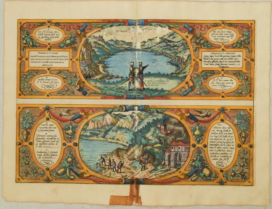 1575 Braun and Hogenberg Unusual Views of Lake Avernus by Naples -- Vergilius vi Aeneidos… [on: Title: 1575 Braun and Hogenberg Unusual Views of Lake Avernus by Naples -- Vergilius vi Aeneidos… [on sheet with] Vera delineatio lacus Aniani… Cartographer: Braun and Hogenberg Year / Pla