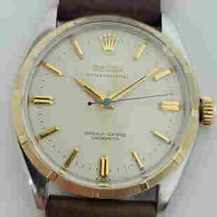 Mens Rolex Oyster Perpetual 6565 34mm 1950s 14k SS Automatic Vintage RJC149: BRAND : Rolex MODEL : Oyster Perpetual, Ref.6565 COUNTRY OF MANUFACTURE : Switzerland YEAR OF MANUFACTURE : c.1957 MOVEMENT : Automatic, cal.1030 CASE MATERIAL : 14k Gold & Stainless steel CASE MEASUR