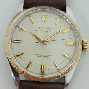 Mens Rolex Oyster Perpetual 6565 34mm 1950s 14k SS Automatic Vintage RJC149: BRAND : Rolex MODEL : Oyster Perpetual, Ref.6565 COUNTRY OF MANUFACTURE : Switzerland YEAR OF MANUFACTURE : c.1957 MOVEMENT : Automatic, cal.1030 CASE MATERIAL : 14k Gold & Stainless steel CASE MEASUR