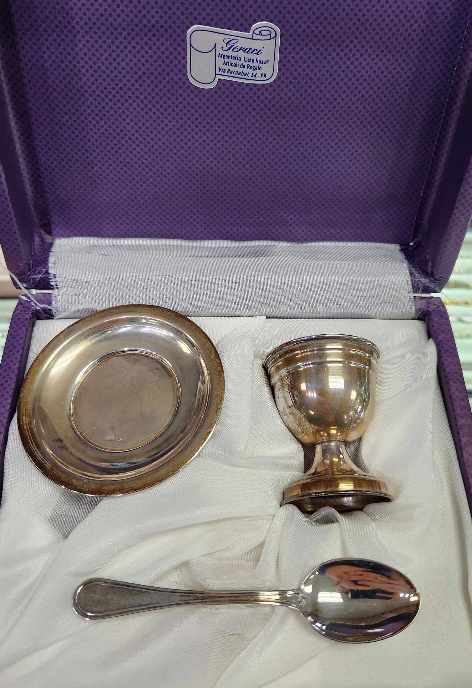 Vintage baby gift set with an egg cup, saucer, and spoon. 800 silver, approx 30 grams weight: Vintage baby gift set with an egg cup, saucer, and spoon. 800 silver, approx 30 grams weight Reserve: $150.00 Shipping: Domestic: Shipping rates are determined by destination International: Foreign sh