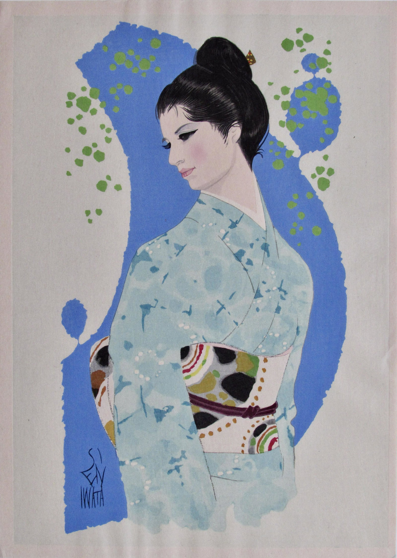 Sentarô Iwata: Gogo (Afternoon): Artist: SENTARO Iwata (1901-1974) Subject: Gogo (Afternoon) Publisher: Kato Hanga Kenkyujo Signature: Sen Iwata Date: 1960s-70s Format: dai-ôban, 29.2 x 40.8 cm Condition: Fine impression, color 