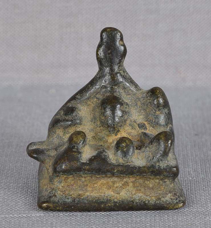 18c Indian bronze SHIVA SHRINE Parvati Ganesha Nandi: Miniature 18th century Indian bronze shrine for a home altar in a form of a courtyard with generally recognizable figures of Shiva, his wife Parvati, Naga (hooded cobra), and facing them their elephan