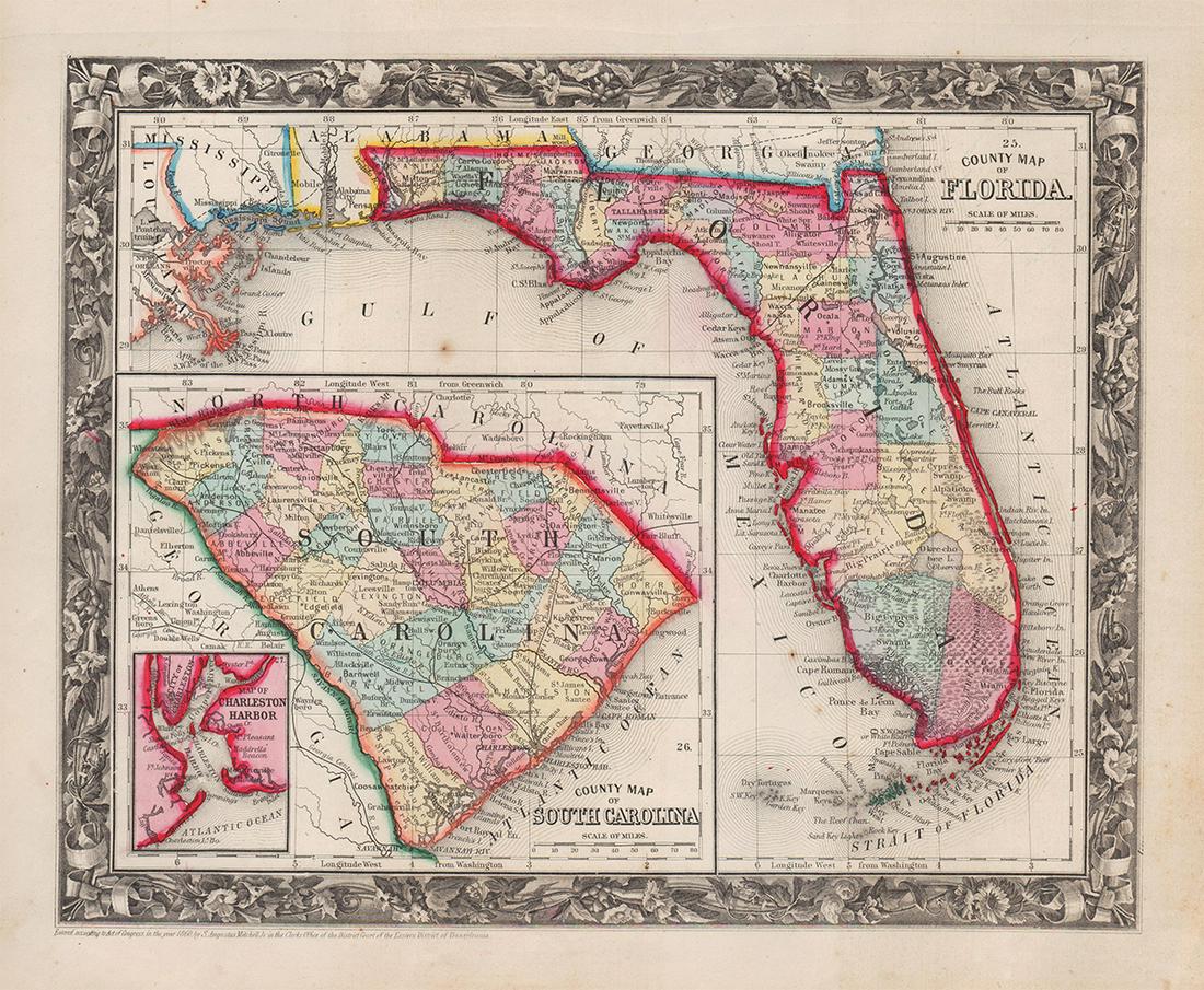 Rare 1st state of Florida map from 1st printing of 1860 atlas (1 of 5)