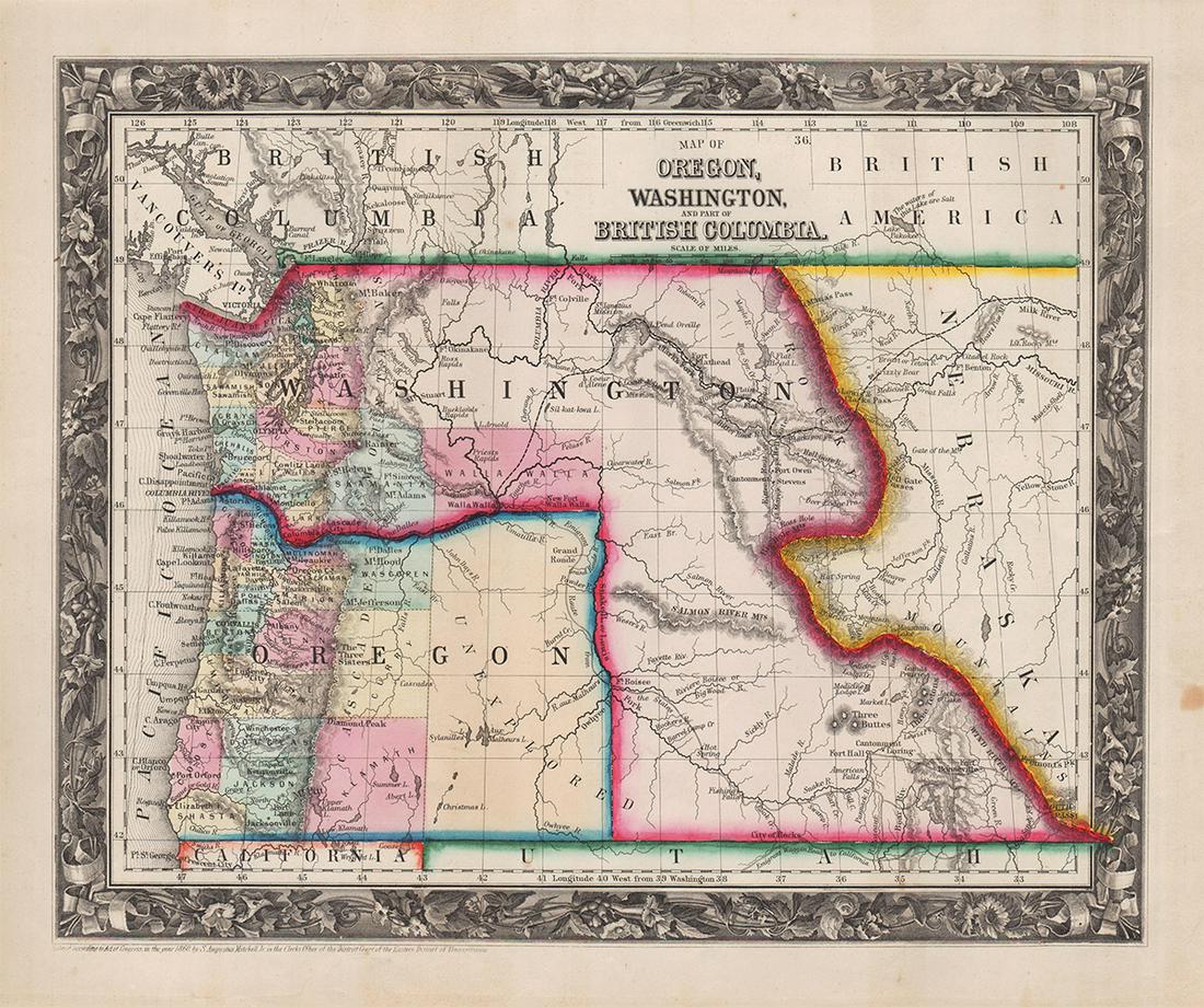 Rare 1st edition/1st state Oregon-Washington Territories, 1860 (1 of 6)