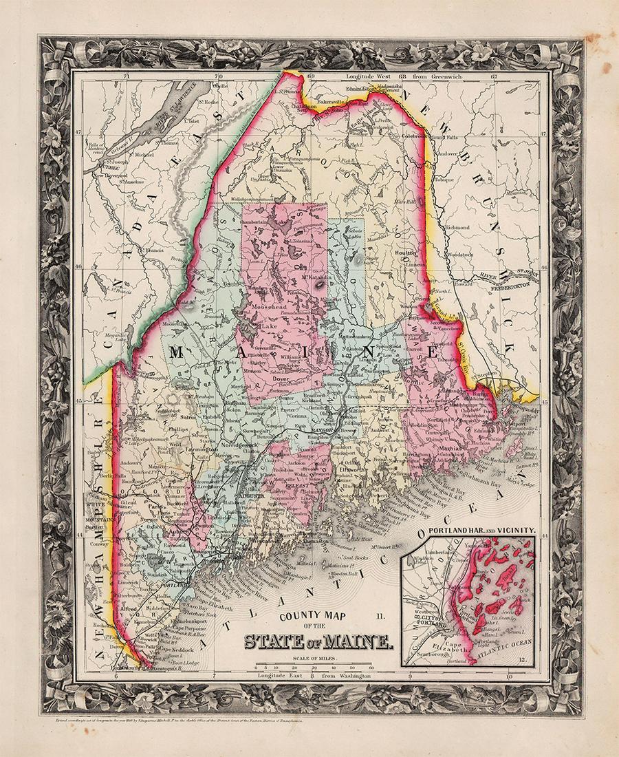 Rare 1st edition/1st state of County Map of Maine, Mitchell 1860 (1 of 6)
