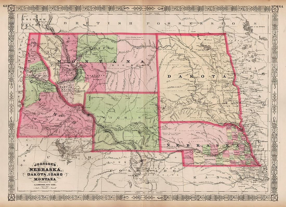 Unique map of upper western states printed on card stock, 1867: An extremely rare map of Johnson’s Nebraska, Dakota, Idaho and Montana by A. J. Johnson. When the maps were being printed for this 1867 version of Johnson’s New Illustrated Family Atlas, a