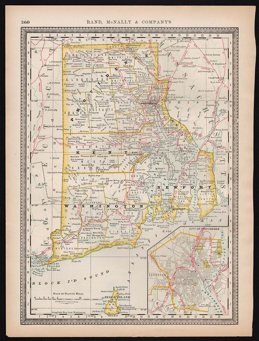 Early 4-color map of Rhode Island from very scarce McNally atlas (1 of 5)