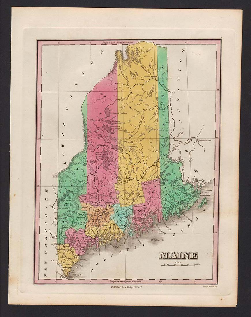 Scarce map of Maine, Anthony Finley 1833: Striking and extremely scarce map of Maine from the elusive 1833 New General Atlas by Anthony Finley. Issued when the state had just ten counties. Original hand coloring by county, showing towns, road