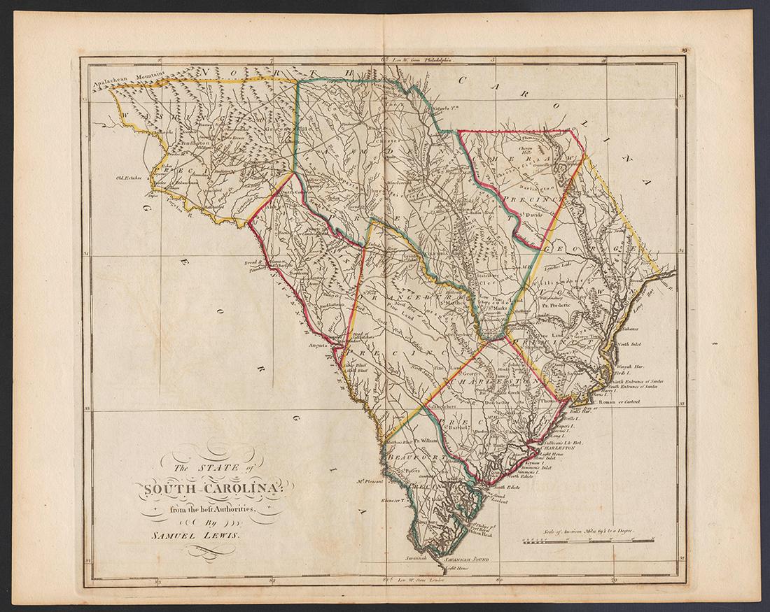Extremely scarce map of South Carolina (1814): Scarce third state of Samuel Lewis’s map of South Carolina, appearing in the extremely scarce 1816 edition of Carey’s General Atlas (same map as in the 1814 Carey atlas). One of the earlie
