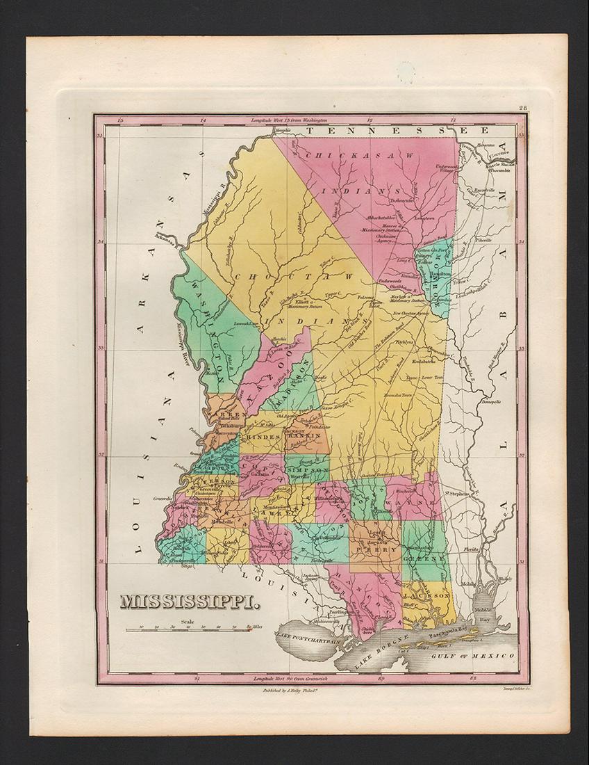 1833 map of Mississippi shows Indian territory as half of state: An important and historical map of Mississippi with counties named and in contrasting colors. This map is particularly important due to the rapidly changing American Indian situation in the northern p
