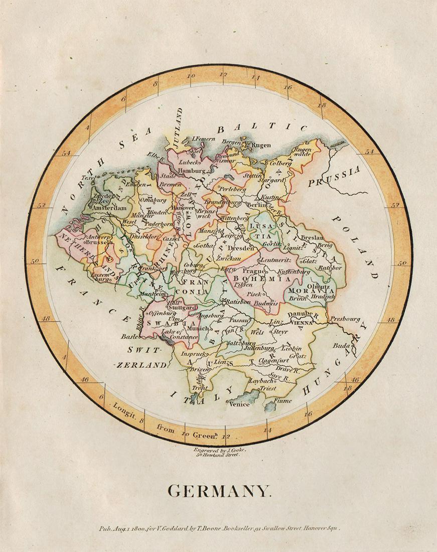 Extremely rare map of Germany by John Cooke, 1800: Desirable and rare miniature map in a circular format. From an 1802 edition of The Universal Atlas, published by John Cooke and J. Harris in London. Full original hand color. Tiny water stain at top p
