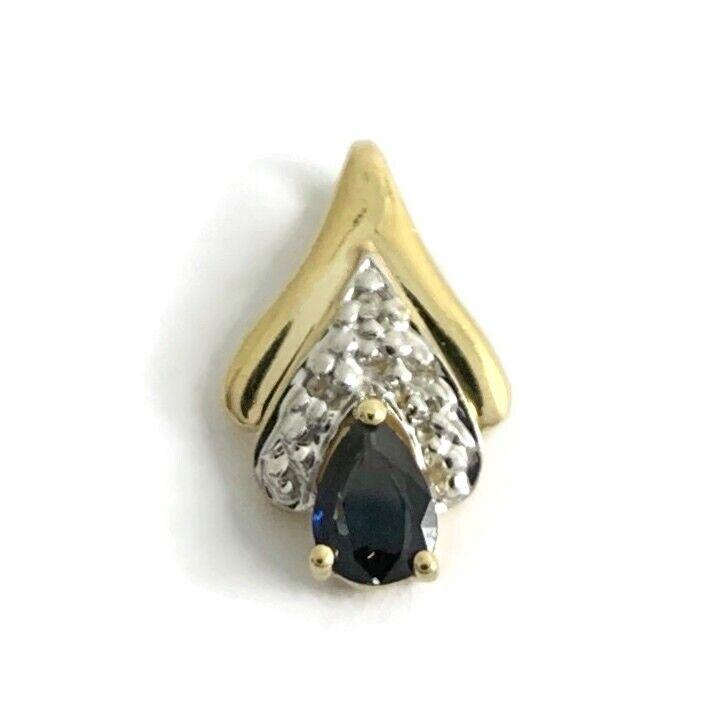 Pear Blue Sapphire Diamond Gemstone Necklace Pendant 14K Yellow Gold, 1.36 Grams (1 of 6)