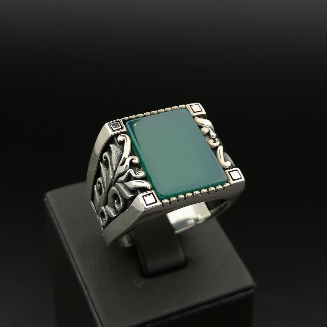 925 Silver Men's Ring with Green Agate (1 of 7)