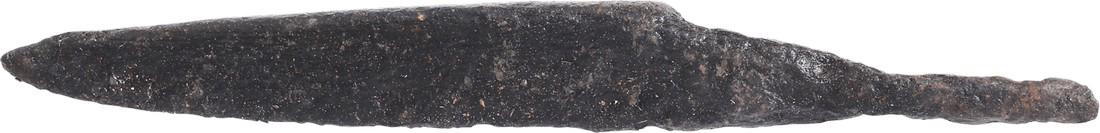 VIKING SIDE KNIFE OR POUCH KNIFE, 879-1067 AD, CAMBRIDGESHIRE, ENGLAND.: Cambridgeshire, England, just over 2 5/8" total length with the dropped point in the scramseax style. Particularly thin section for slashing, distinguishing it from a working knife. The edge delineate