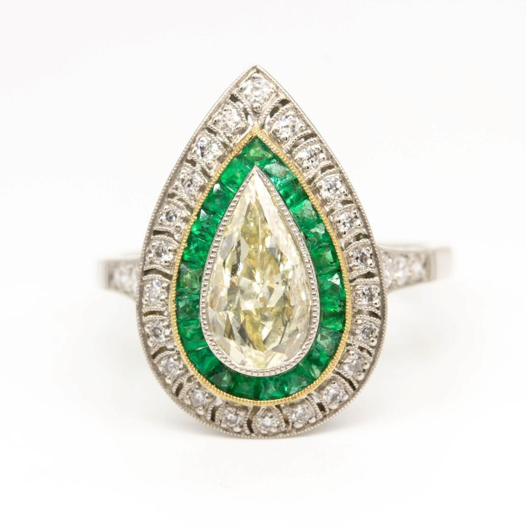 Art Deco Platinum Old Mine Pear Shape and Emerald Halo Ring (1 of 7)