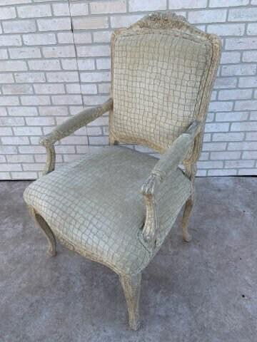 Antique Victorian Carved Stucco Finish Aged Wood Chair: Vintage from the 1920s Materials: wood, fabric, chenille Overall width: 25 inches Overall height: 24.5 inches Overall depth: 21.5 inches Seat height: 20 inches Description Antique Victorian Style Hand