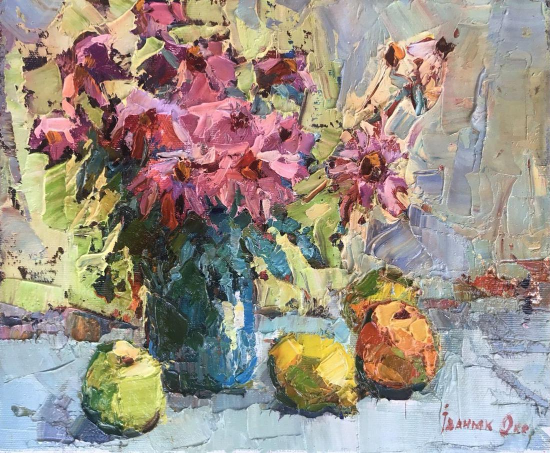 Oil painting echinacea and lemon Kalenyuk Oksana: Kalen 852 *** ABOUT THIS PAINTING *** * TITLE: "echinacea and lemon" * ARTISTS: Kalenyuk Oksana * SIZE: 25x30 cm/'9.84x11.81inches' * MEDIUM: oil, canvas * HAND PAINTED: Original painting from our col
