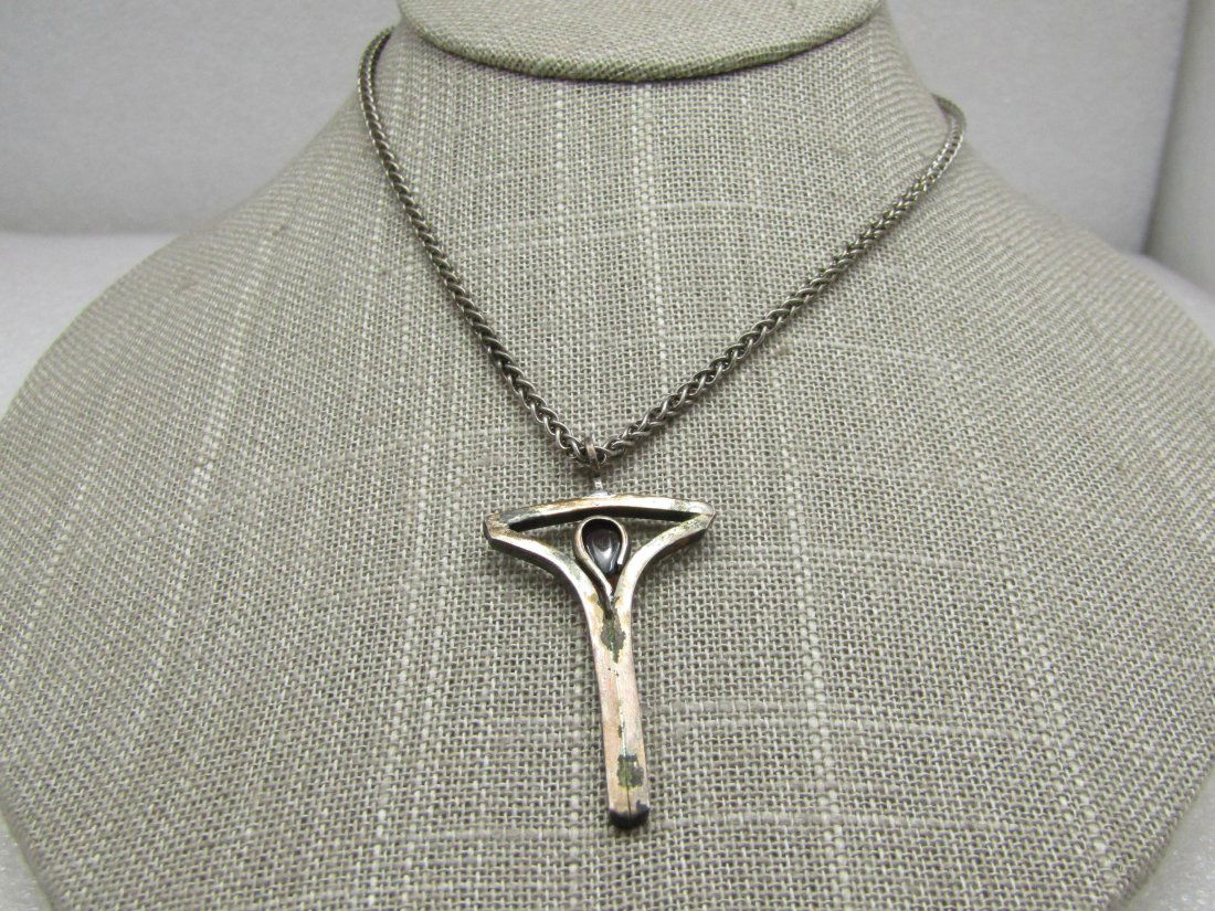 Vintage Sterling Modern Crucifix Necklace, Tourmaline Stone, 20", Unisex (1 of 1)