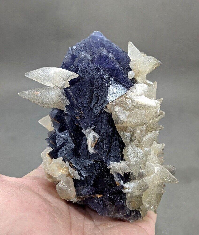 1147 grams Calcite very nice dog tooth on blue fluorite crystal...: 1147 grammi Calcite dente di cane molto bella su cristallo di fluorite blu dal Baluchistan Pakistan Dimensioni 12,5 CM X 9,4 CM X 9 CM Spedizione standard Reserve: $120.00 Shipping: Domestic: Flat-rat