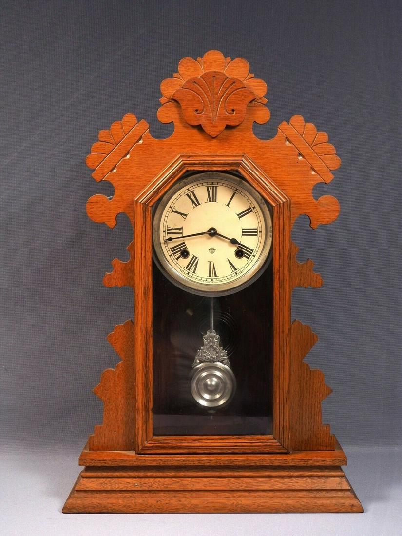 Antique Ansonia Shelf Clock Bedford Oak Gingerbread Case 8 Day C.1894 WORKS (1 of 8)