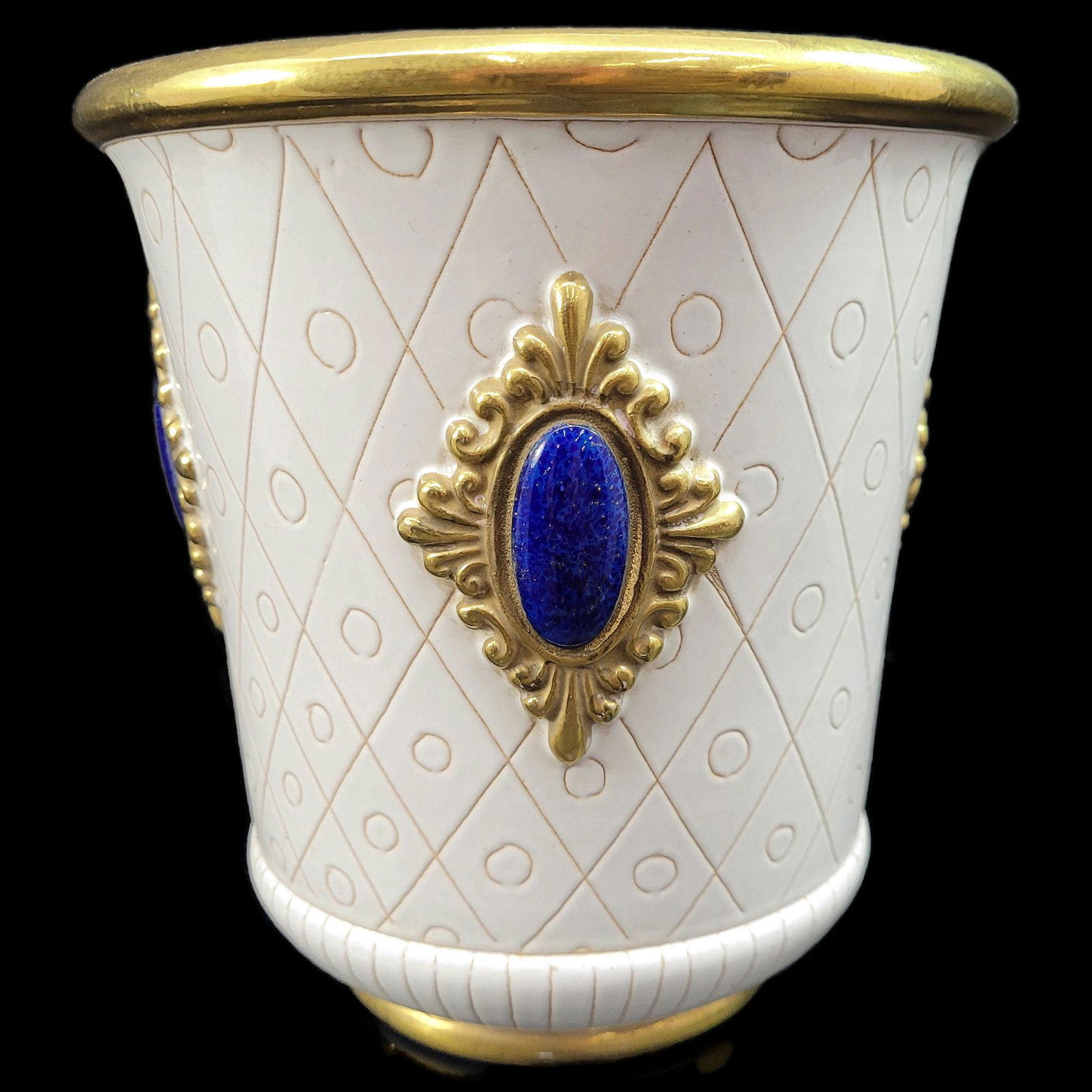 Vintage Zaccagnini Italian Signed Italy Art Pottery Ceramic Blue Gold White Jeweled Pot Vase (1 of 7)