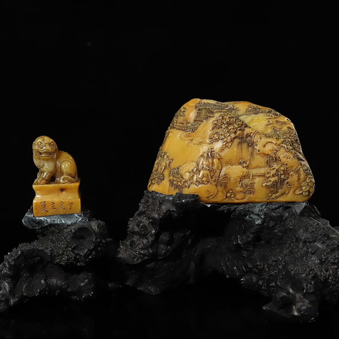 Chinese Qing Dynasty Tianhuang Stone Pine Tree & Figure Seal & Fortune Pixiu Seal w Box (1 of 9)