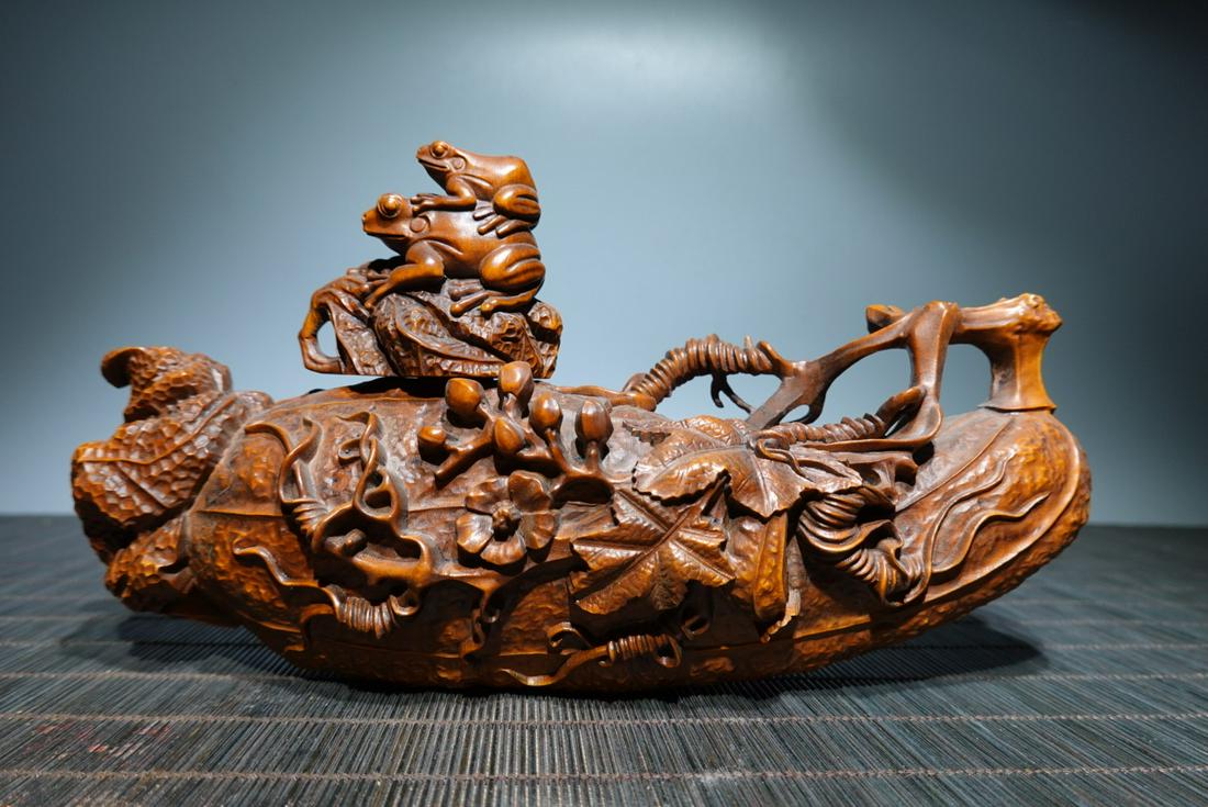 Chinese Boxwood Wood Carved Frog Statue (1 of 9)