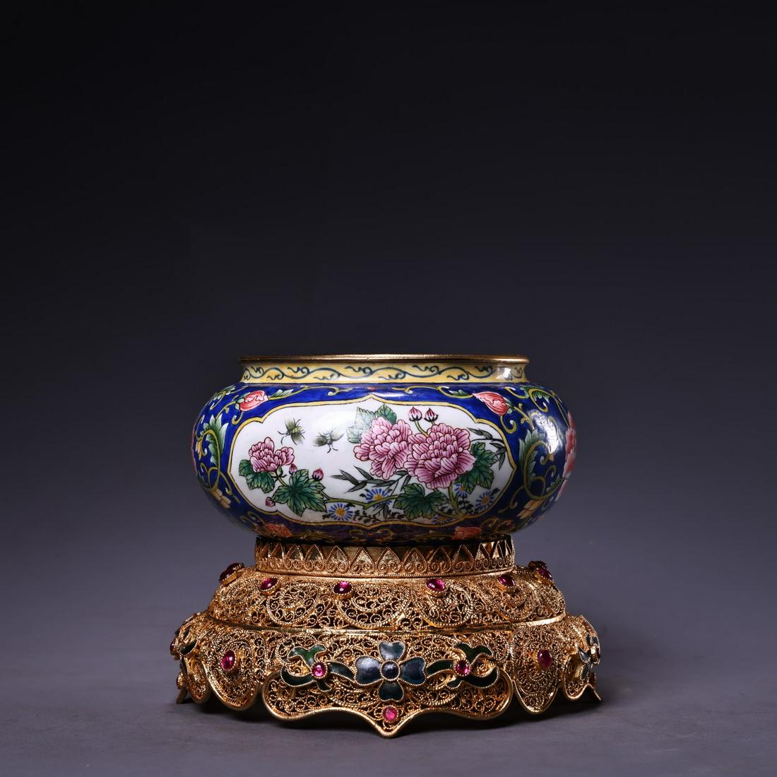 Chinese Gilt Gold Bronze Enamel Brush Washer & Gold Wires Enamel Base (1 of 9)