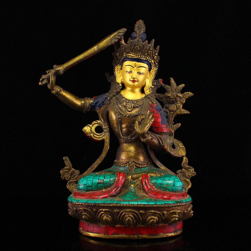 Tibetan Buddhism Gilt Gold Bronze Inlay Turquoise & Gem Manjushri Bodhisattva Statue (1 of 7)