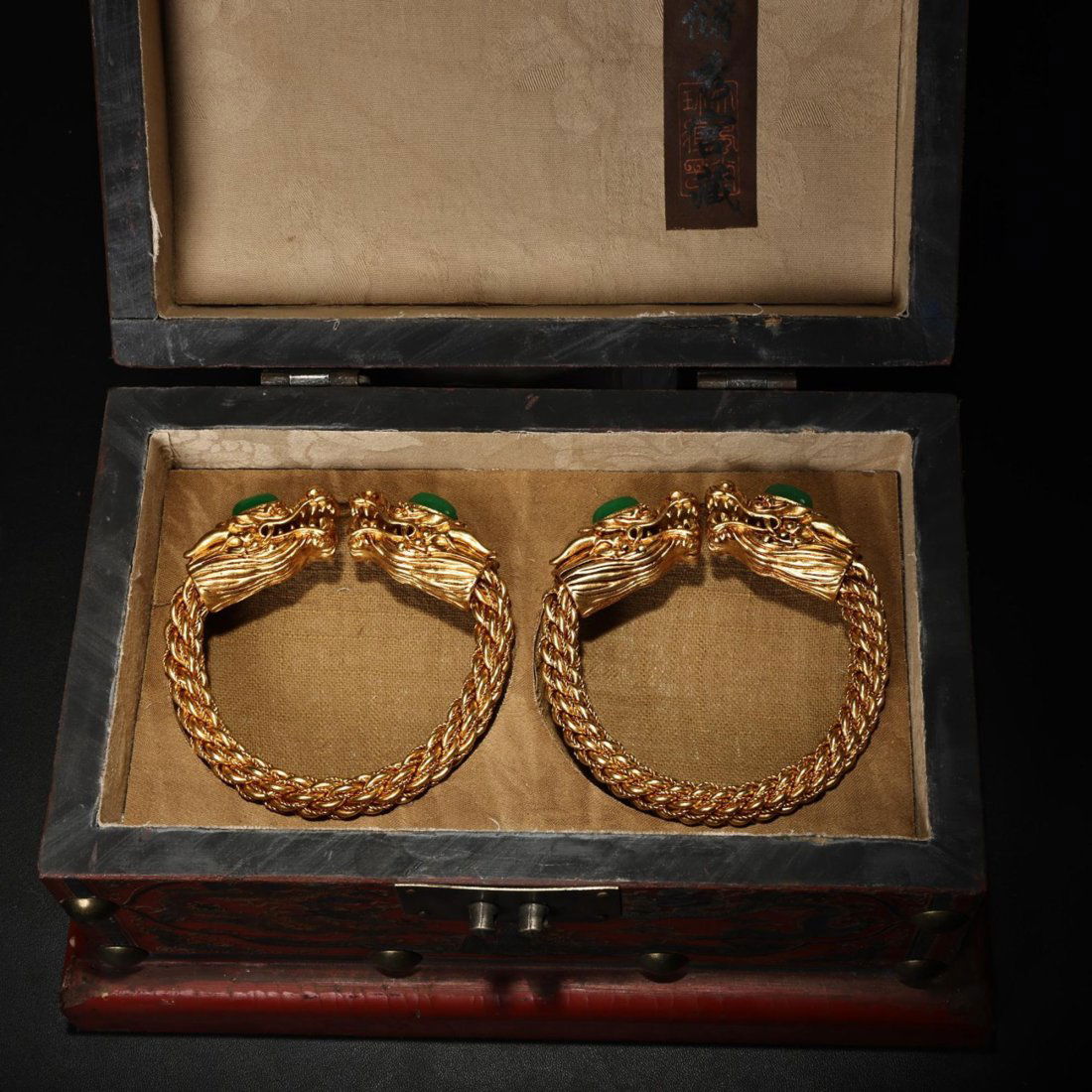 A Pair Chinese Gilt Gold Bronze Inlay Geen Jade Dragon Bracelet w Lacquerware Box (1 of 1)