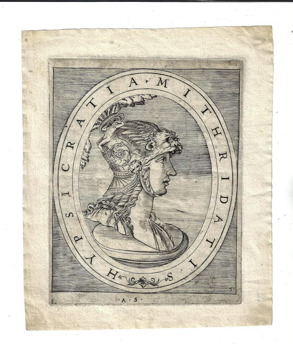 1550 Engraving Antonio Salamanca: A fine engraving by Antonio Salamanca (1478-1562) of "Hypsicratia Mithridatis", circa 1550. Initials A S at bottom and Plate number 5. Fine condition, measures 7 x 8:. Reserve: $80.00 Shipping: Domest