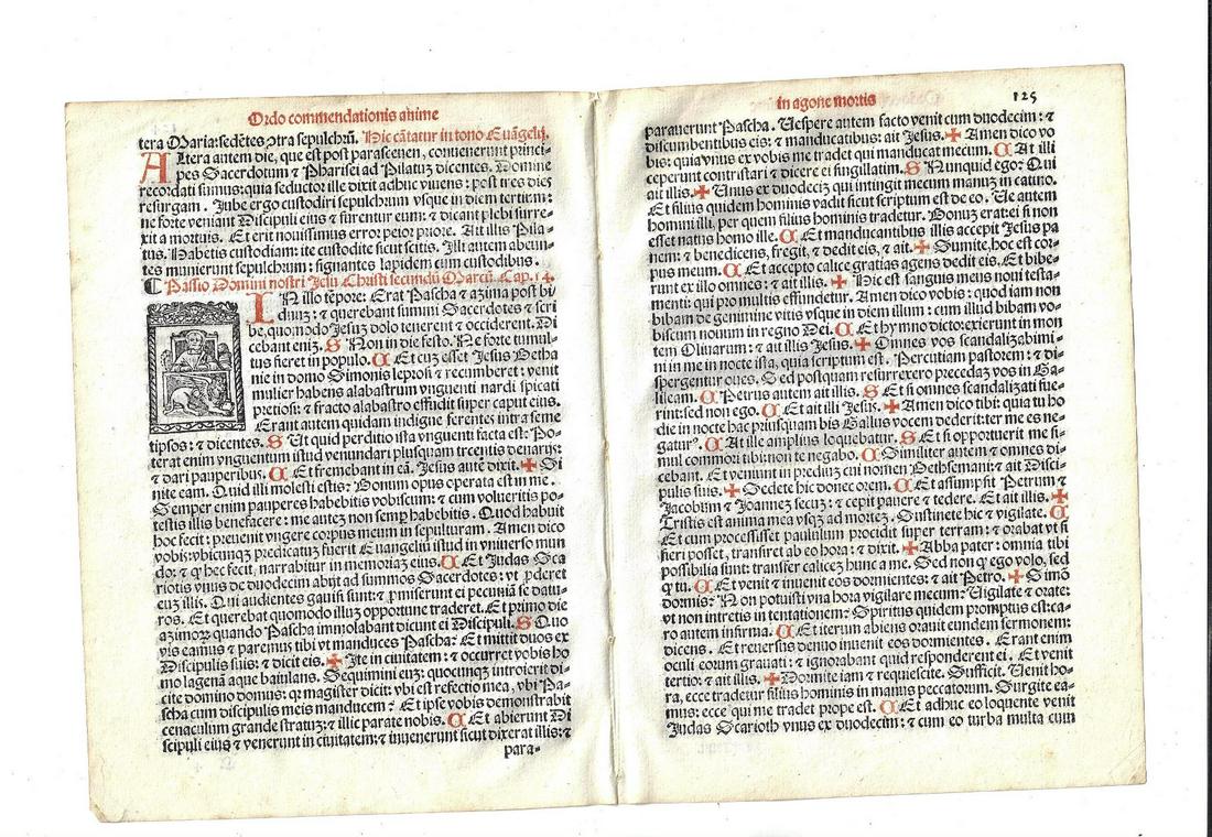 1567 Bifolium Catholic Ritual with Woodcut: Two Catholic prayer leaves joined, printed at Venice in 1567 from “Sacerdotal ad Consuetudinem Sacro Sancte..”. In red and black with small woodcut to one leaf. Fine. Measures 6.25 x 17
