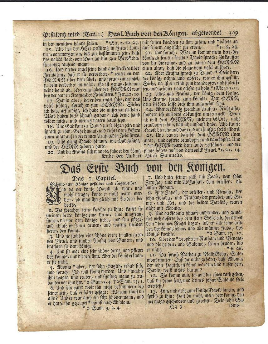 1776 Revolutionary War Bible leaf Saur: A leaf from a bible printed at Germantown in Pennsylvania in 1776 by Chrisoph Saur. In Fraktur, this bible printed during the Revolutionary War and unbound leaves used as gun-wadding. Fine condition, 