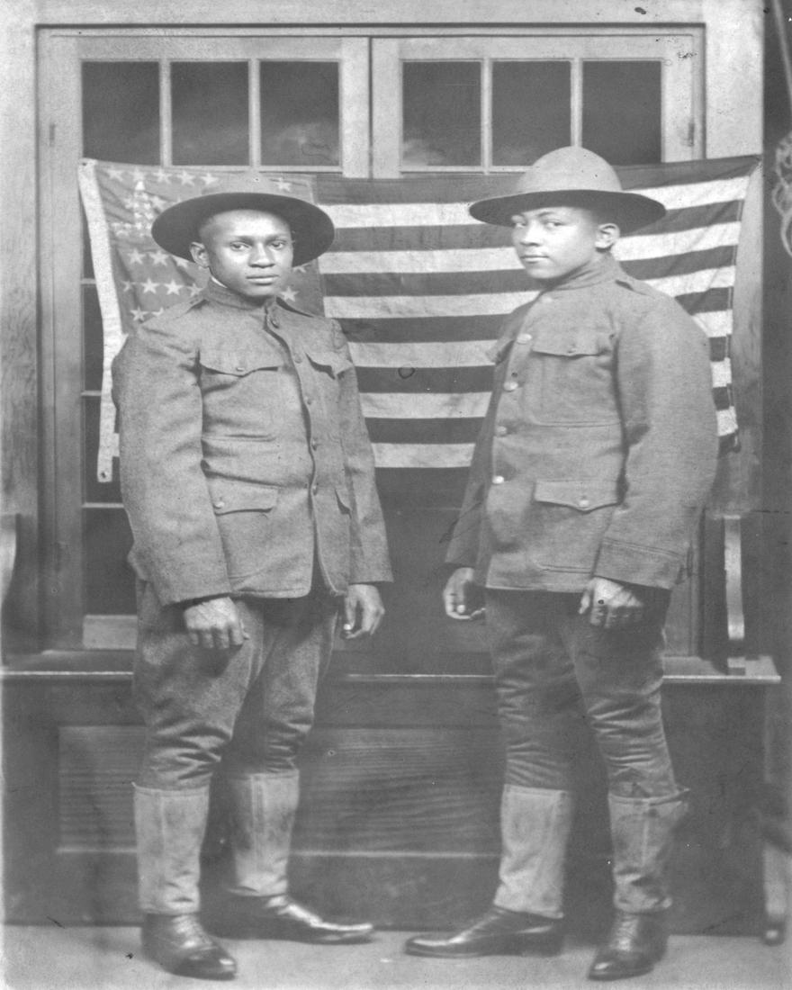 WWI, TWO AFRICAN AMERICAN SOLDIERS IN CAMPAIGN HATS WITH FLAG (1 of 1)
