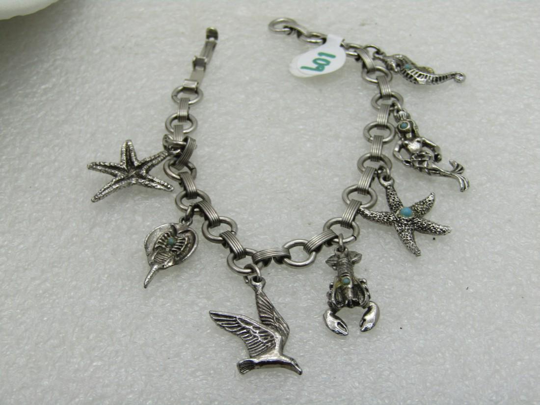 Vintage Ocean/Beach Charm Bracelet. Silver tone, 7.5" (1 of 6)