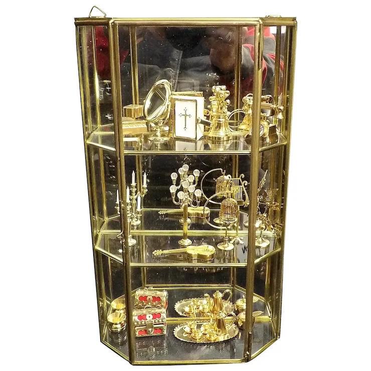 Two Shelf Brass & Glass Table Top or Wall Display Cabinet with Brass Display Items (1 of 8)